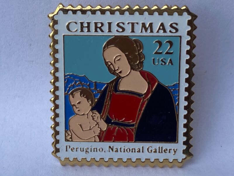 1990 25c Madonna Child Christmas Perugino #2244 Stamp Pinback Postage pin NEW