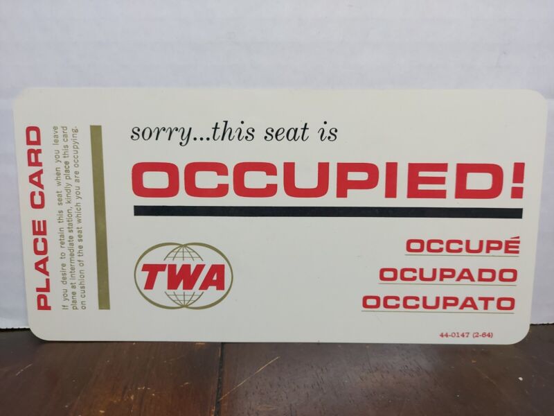 Vintage TWA Trans World Airlines Sorry This Seat Occupied Seat Place Card Sign