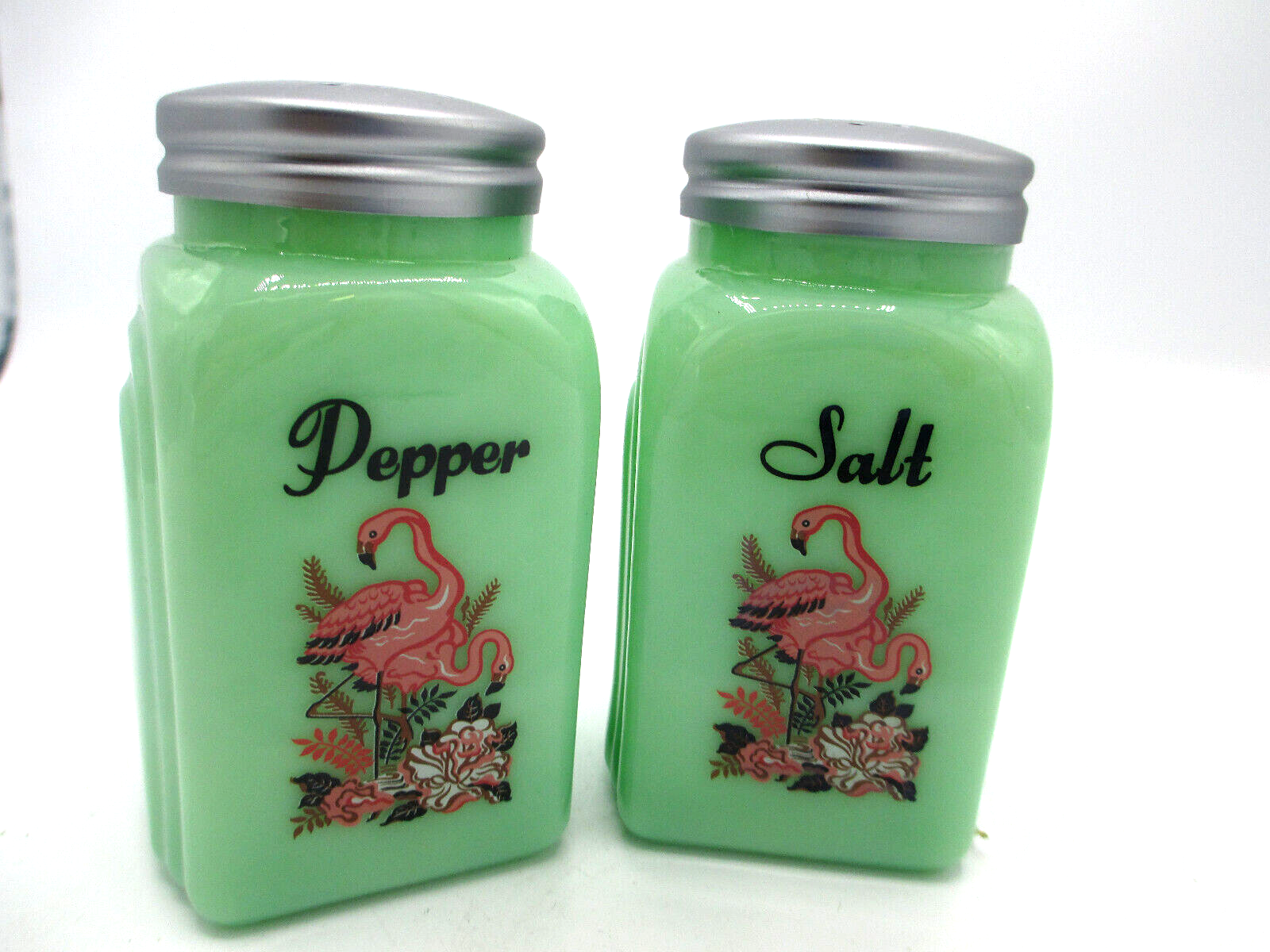 Jadeite Arch Salt Pepper Set Pink Flamingos Mid Century Retro Green Glass