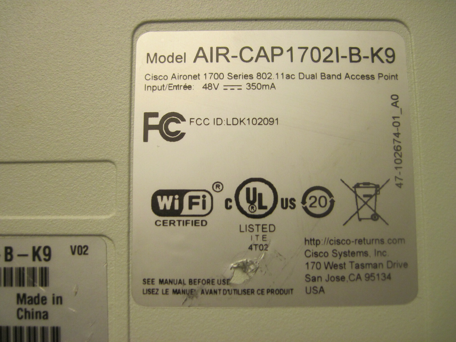 Cisco AIR-SAP17021-B-K9 Aironet 1700 Series 802.11n Wireless Access Point