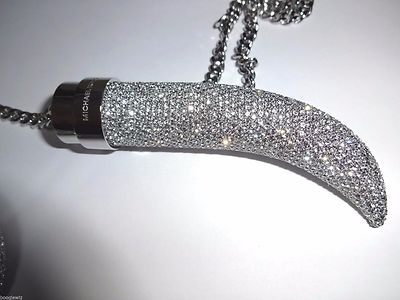 Pre-owned Michael Kors Silver Crystal Double Horn Long Necklace,belt Mkj3247-msrp$375