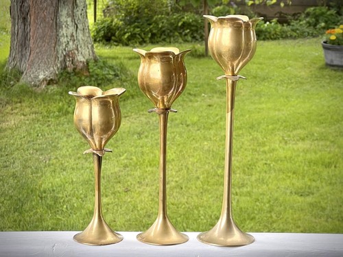 MCM Solid Brass Tulip Candle Holder, Set Of Three