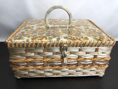 Vintage US Basket Import Yellow Floral 9 x8  Lined Sewing Basket Japan #357