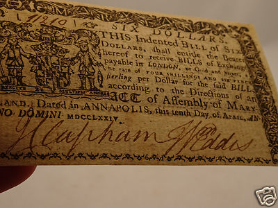 Fine 242 year old COLONIAL CURRENCY NOTE $6 April 10, 1774 - MARYLAND