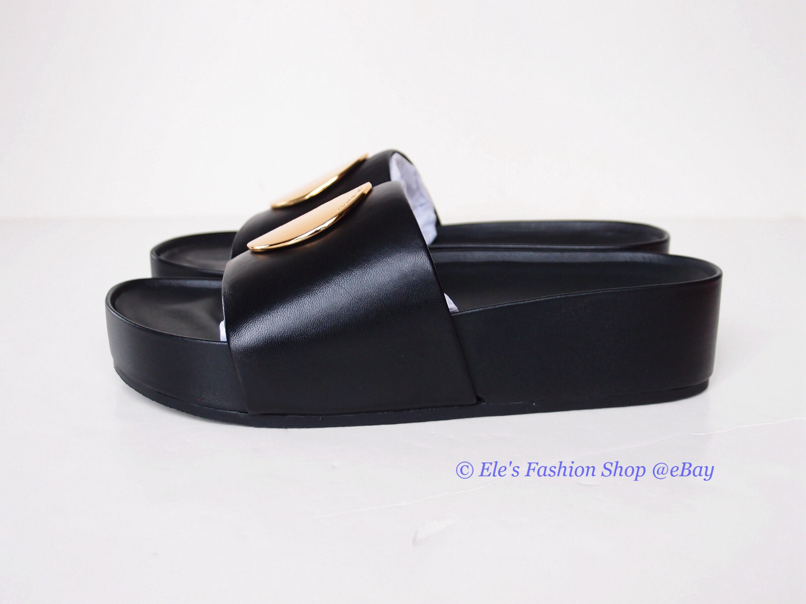 Pre-owned Tory Burch Patos Disk Leather Slides Black Us 8.5 Authentic
