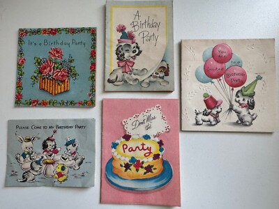 VINTAGE Used BIRTHDAY PARTY INVITATIONS CIRCA Early 1950'S -- LOT OF 5 Small 2x3