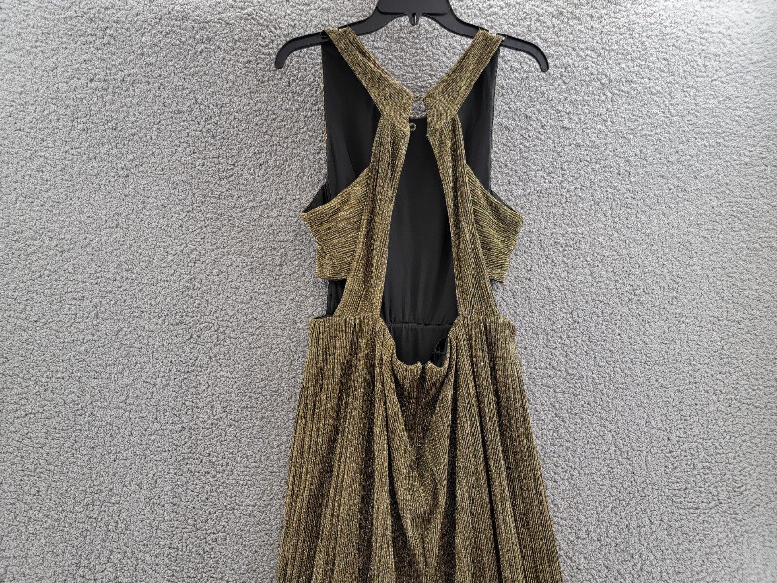 Pre-owned Bcbgmaxazria Pleated Metallic Evening Gown Women's M Gold Cutout Back Button Zip