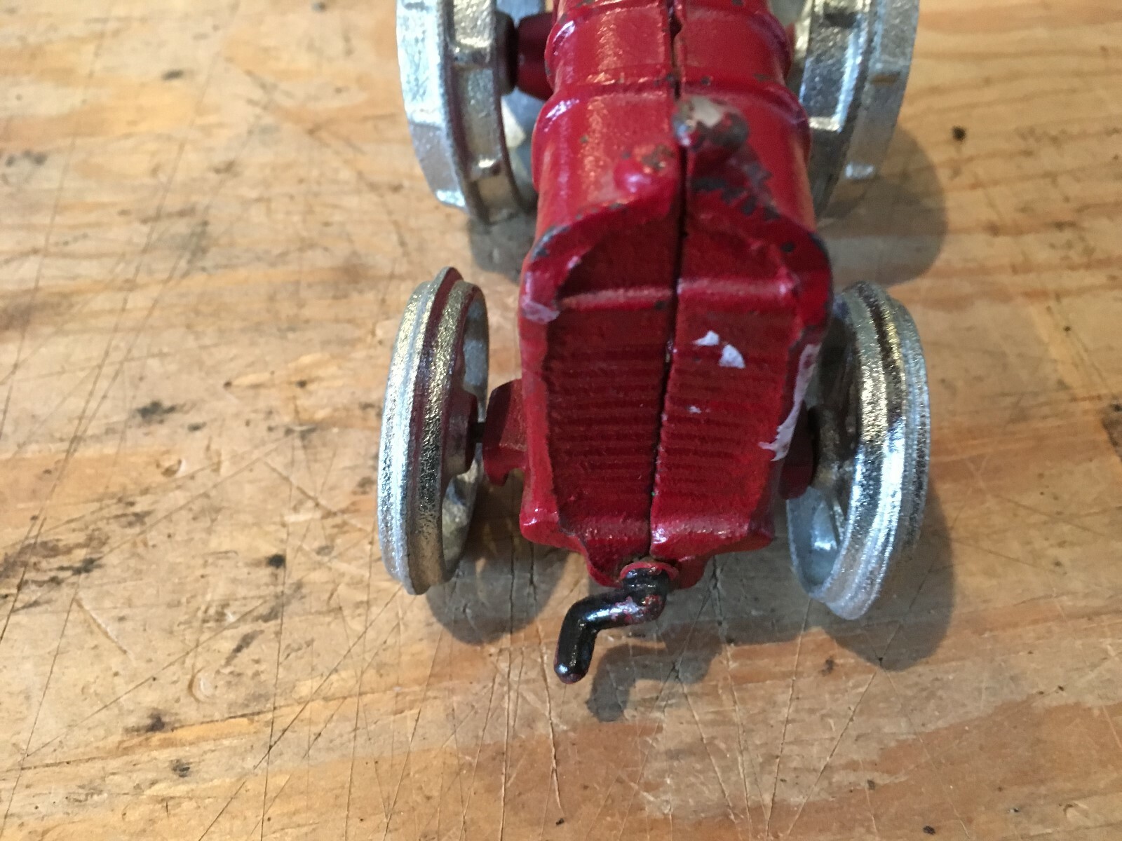 Vintage Fordson Cast Iron Tractor Red with Silver Wheels and Driver