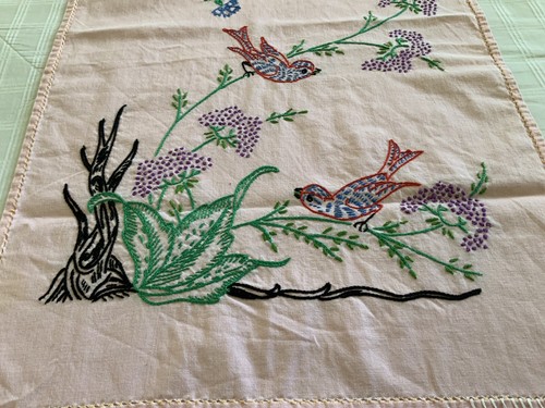 Pink Folk Art Dresser Scarf With Southern Belle, Birds, Flowers 63x16 Cotton