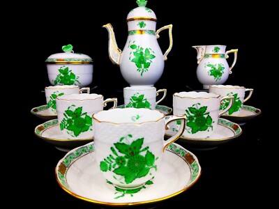 Herend Chinese Bouquet Green Coffee Set for 6 Persons