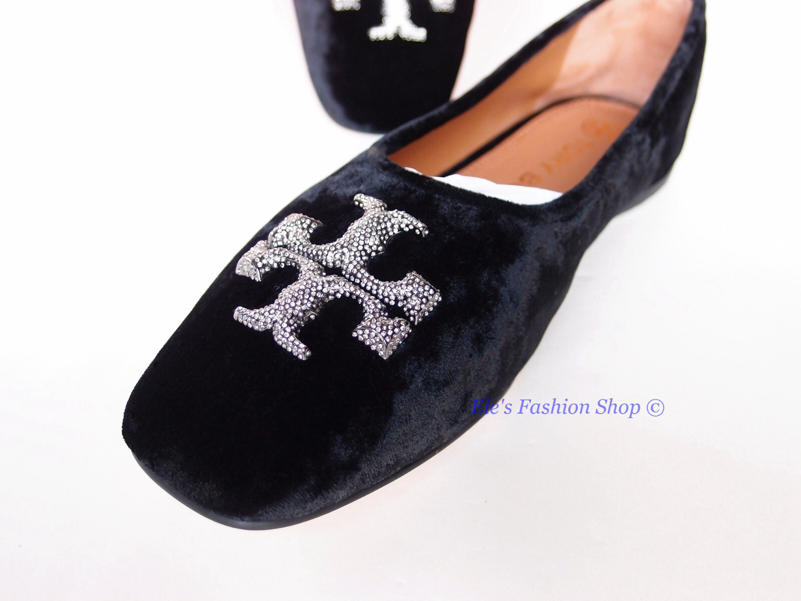 Pre-owned Tory Burch Eleanor Pave Crystal Logo Velvet Ballet Flat Black 7 7.5 8 8.5 9