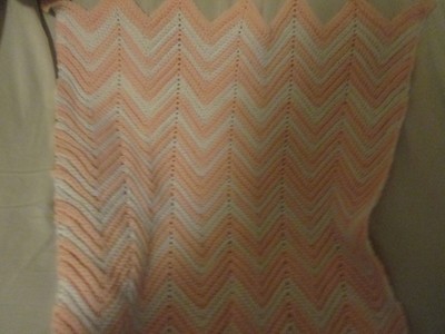 PEACHY PINK & WHITE CHEVRON CROCHETED BABY BLANKET HANDMADE