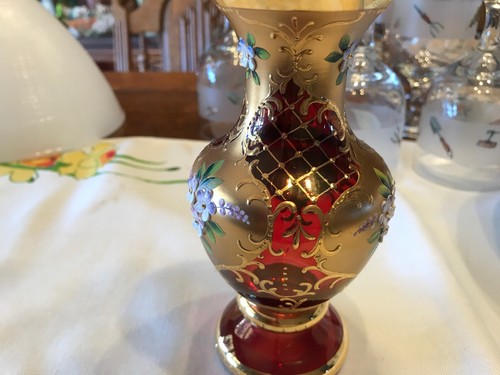 Bohemian Crystal Vase 24K Gold Enamel Gilded Red  Hand Painted 6 Inches Tall