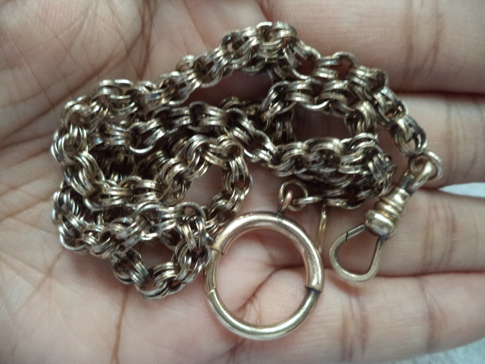 Superb Antique Victorian 9K Low Karat Gold Rolo Watch Chain w/ Large GF Clasp