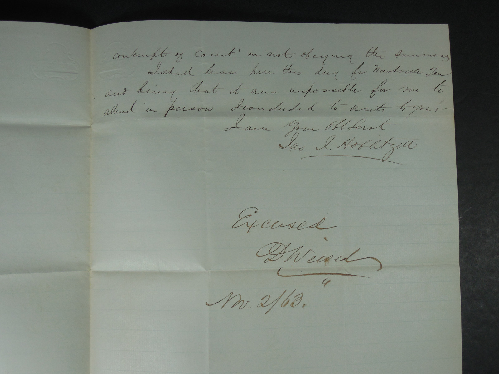 1883 EXCUSE LETTER FOR MISSING JURY DUTY SUMMONS HISTORICAL LEGAL PAPER EPHEMERA