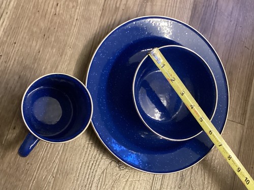 Enamel Dinner Set Of 3 Blue Camping Coleman SS Rim Civil War Reenactment