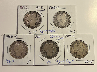 5 Barber Half Dollars G - F.  Some better dates!