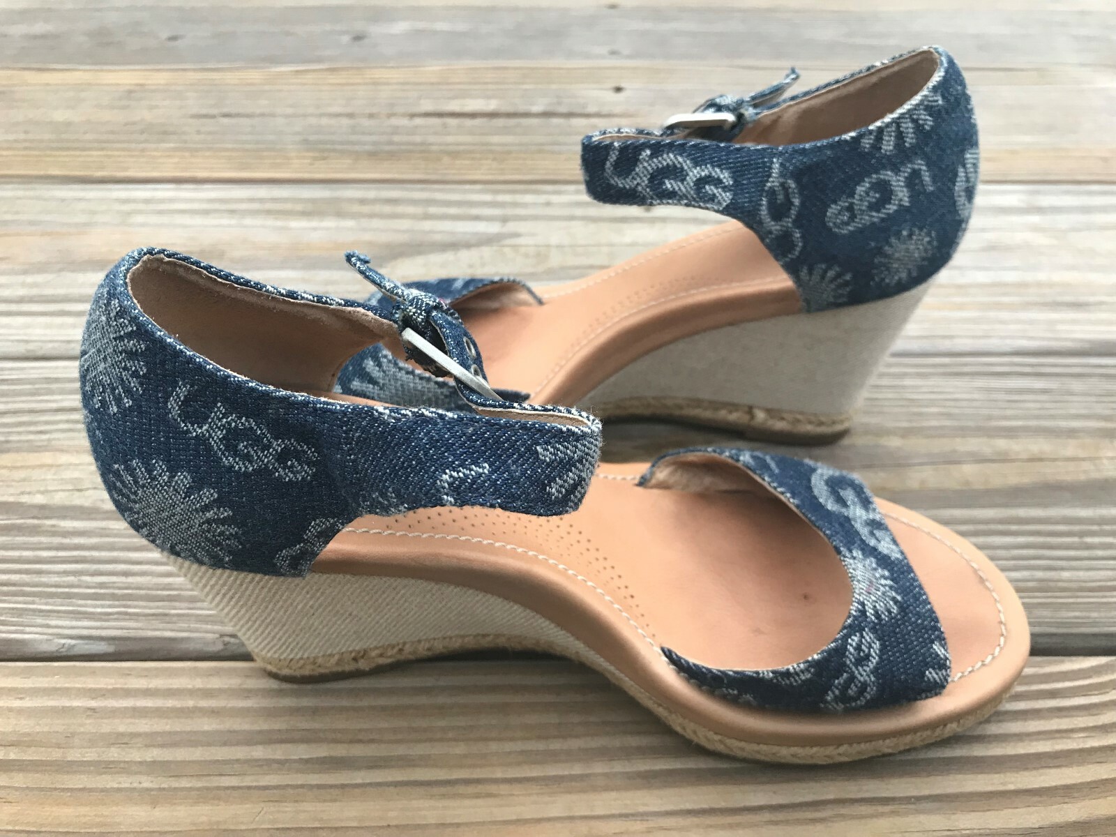 UGG Australia Uggs Womens Wedges Heels Atasha Denim Print Sandal Shoes Size 8 39