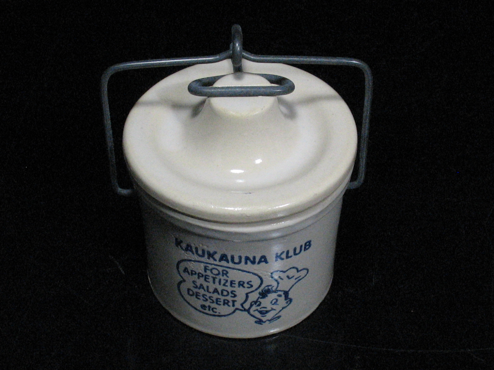 Vintage Kaukauna Klub Crock Jar Chef Wire Bail Top Advertising Pottery Jam Pot