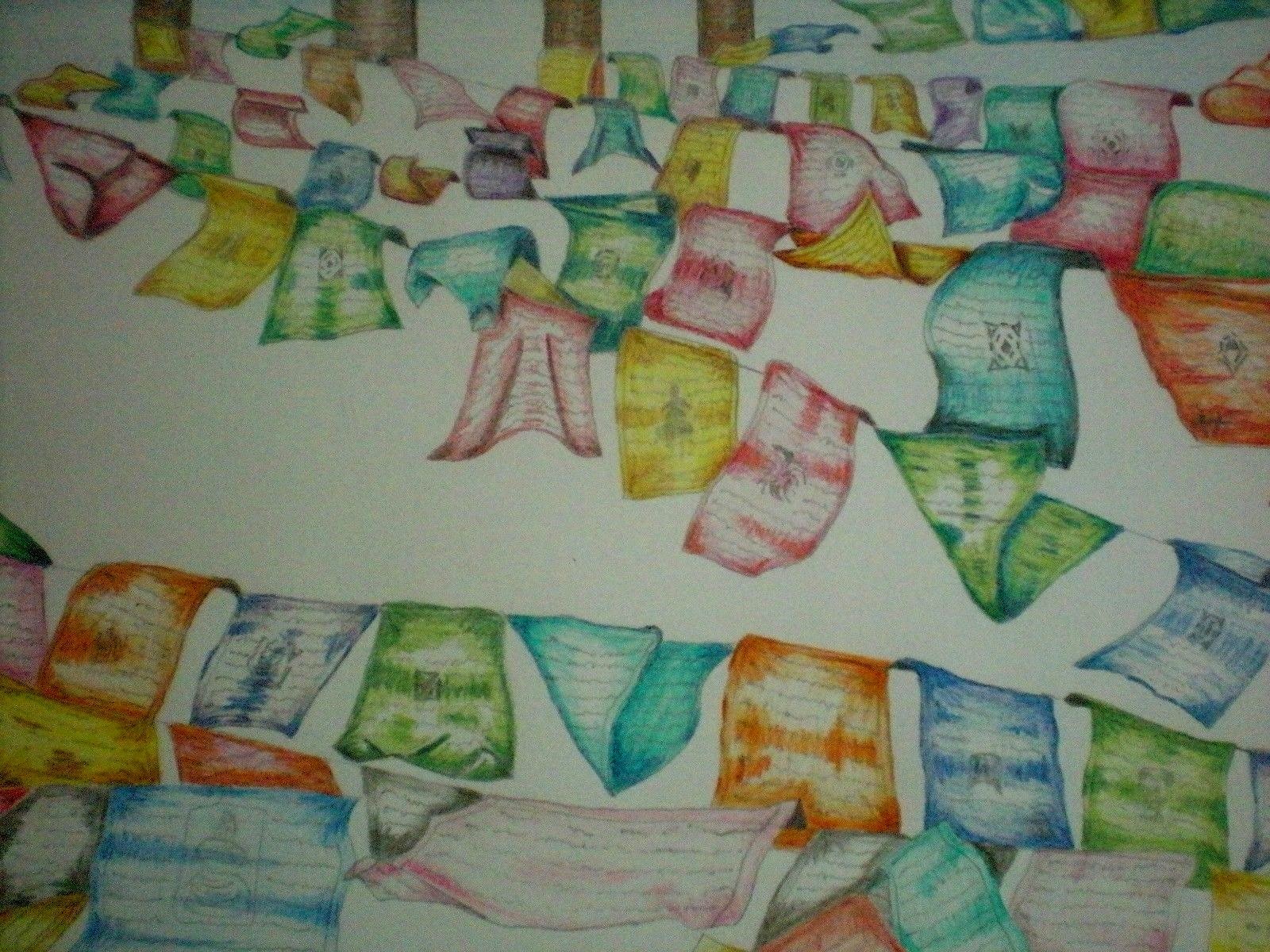 Art Work Original Artist Rendering of Himalayan Tibetan Nepal Prayer Flags