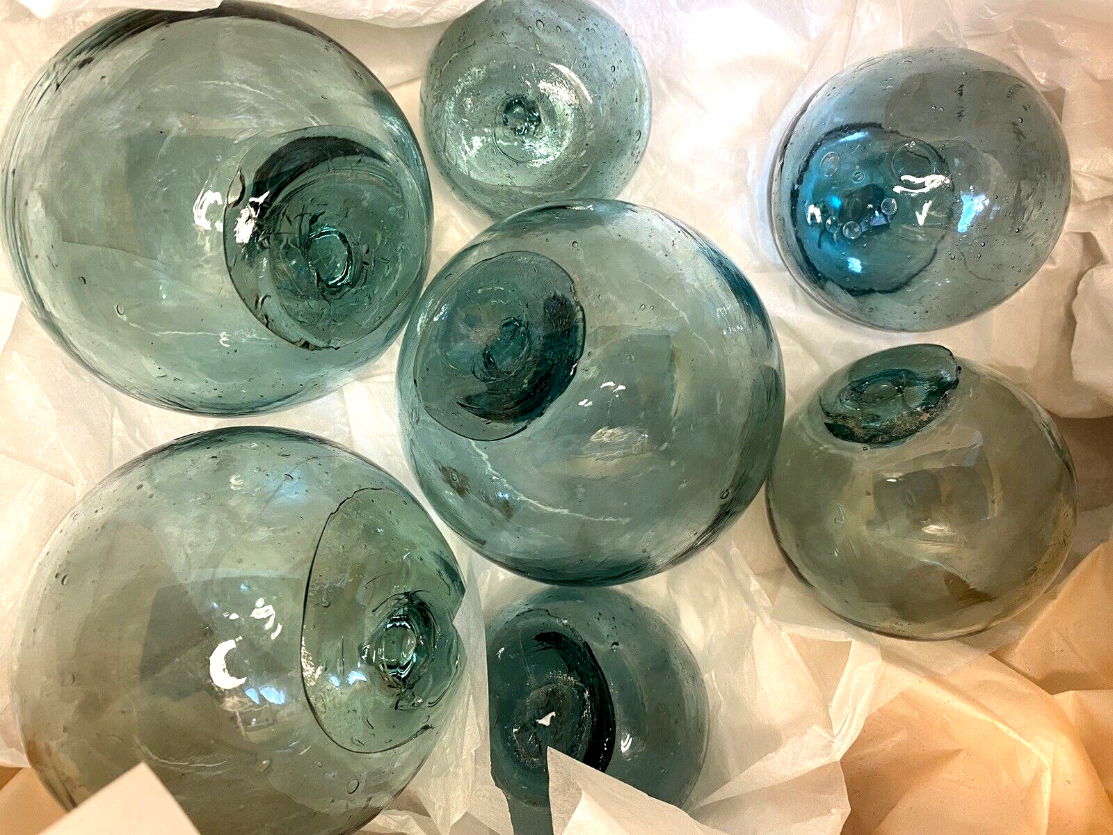 Set 7 Japanese Glass Fishing Floats Antique Vintage 2-sizes