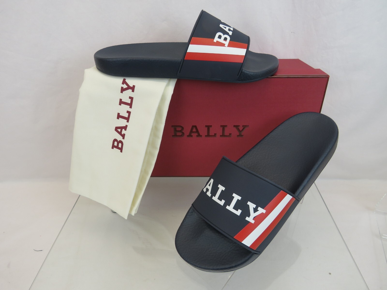 NIB BALLY SIMON BLUE INK RUBBER RED WHITE WEB LOGO SANDALS