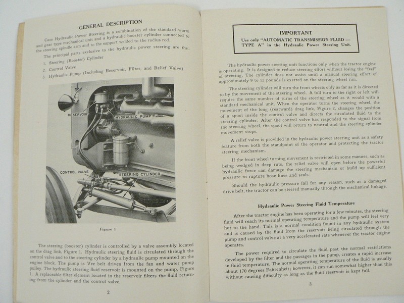 J.I. Case Hydraulic Power Steering 500 520 Diesel Tractors Owners Manual 1954