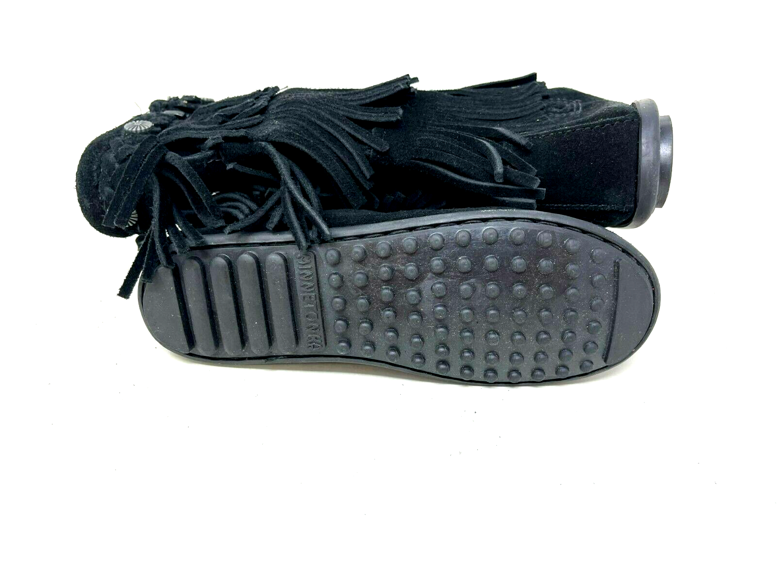 Minnetonka Youth Girl's 3-Layer Fringe Zip Up Moccasin Boots Black Size:4 W85