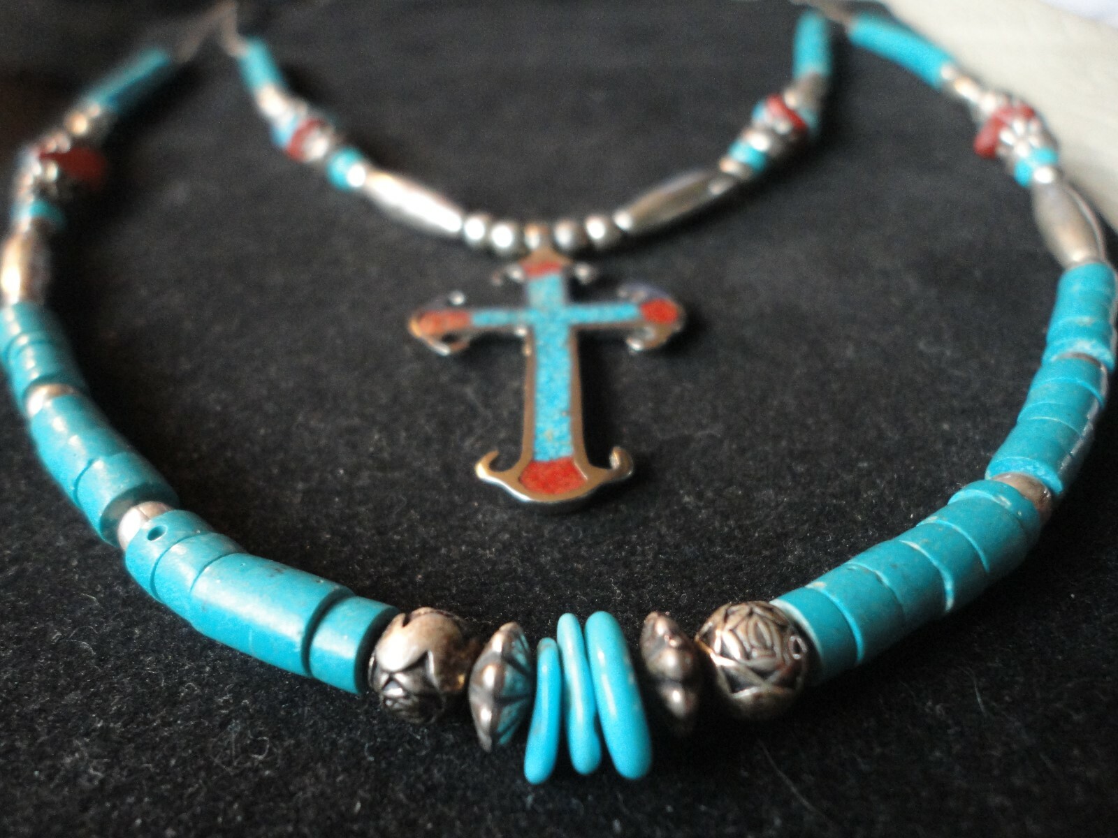 Southwestern Sterling Silver Turquoise & Red Coral Bead With Cross 23