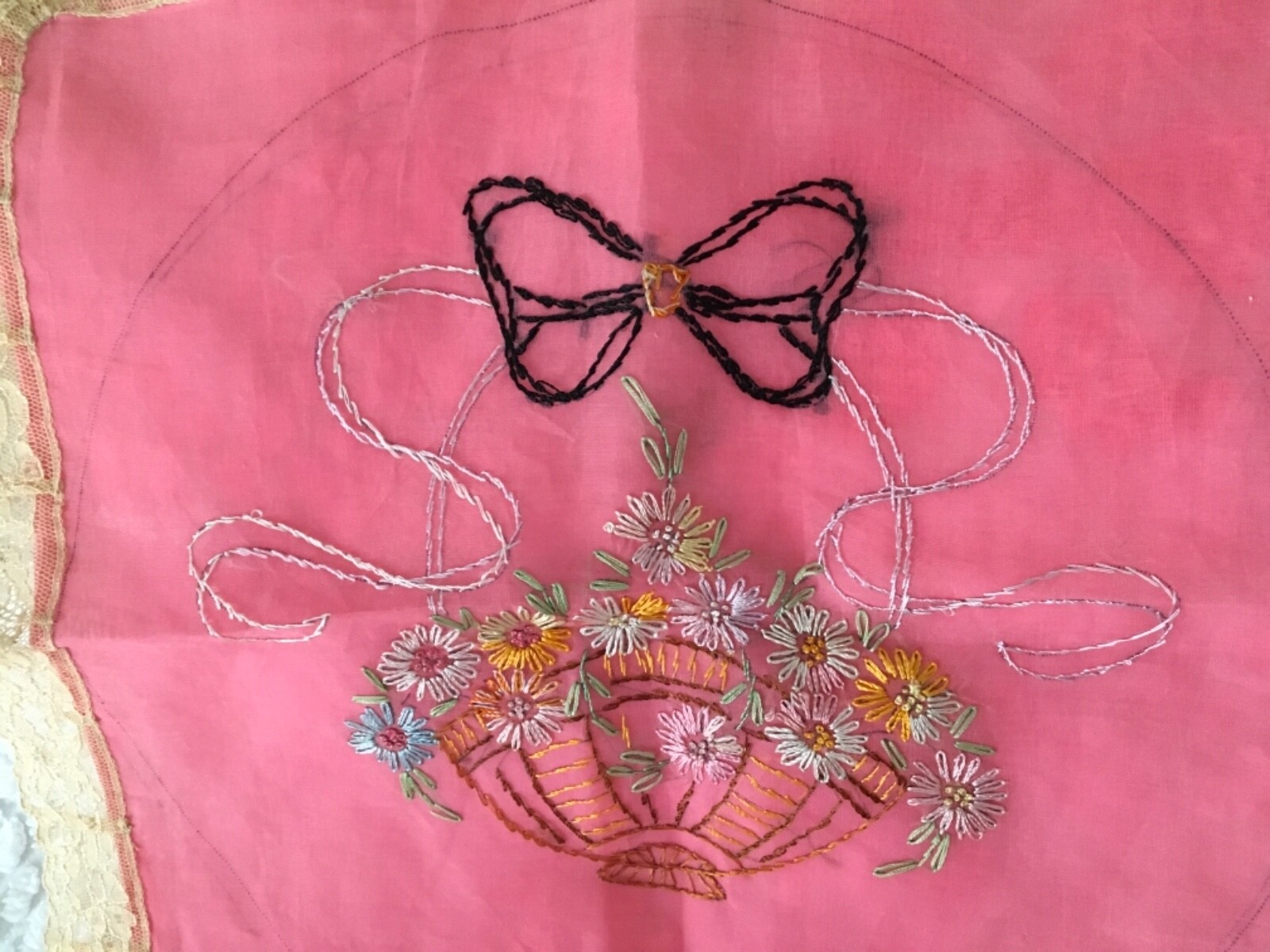 Moprimitivepast Vintage pink ladies boudoir pillow sham crisp embroidery 1 of 3