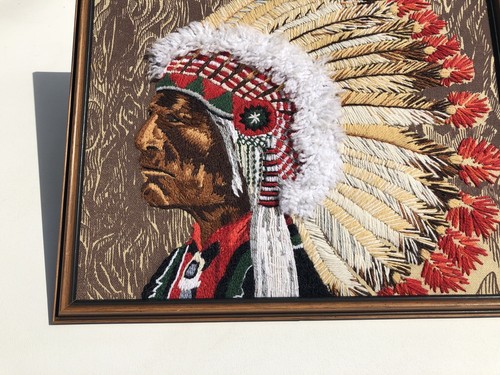 Vintage Indian Chief Needle Punch With Feathered Headdress  19”x16” Punch Needle