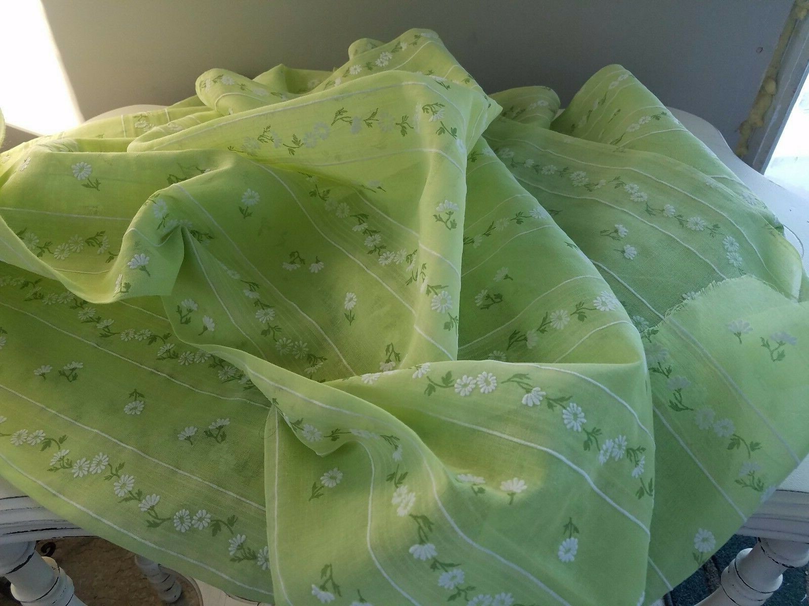 NOS Vintage 1960's Lime Green Sheer FLOCKED DAISY Flowers Fabric ~ 2.5 yds