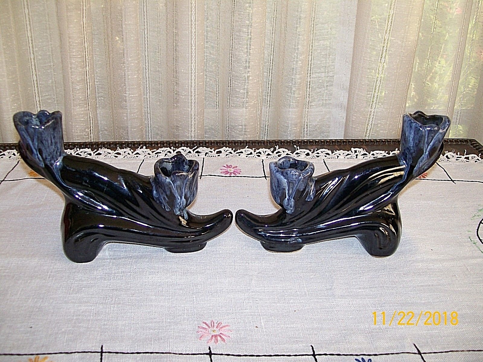 Signed Van Briggle Candle Holders / Black w/Light Blue Drip/ ~7