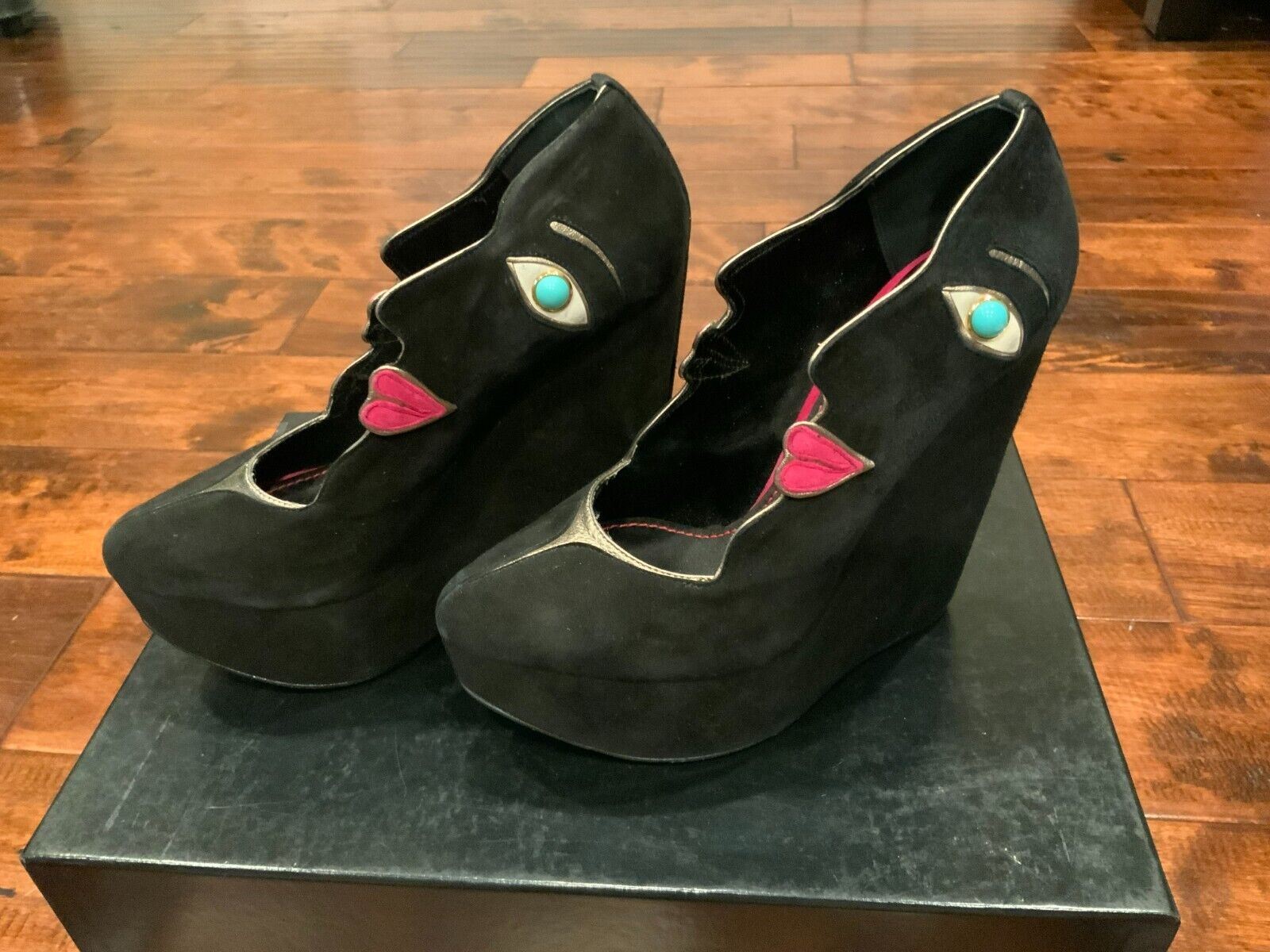 Dolce & Gabbana Black Suede Lips Eyes Wedge Heels, Size 6.5 Dolce & Gabbana Black Suede Lips Eyes Wedge Heels, Size 6.5