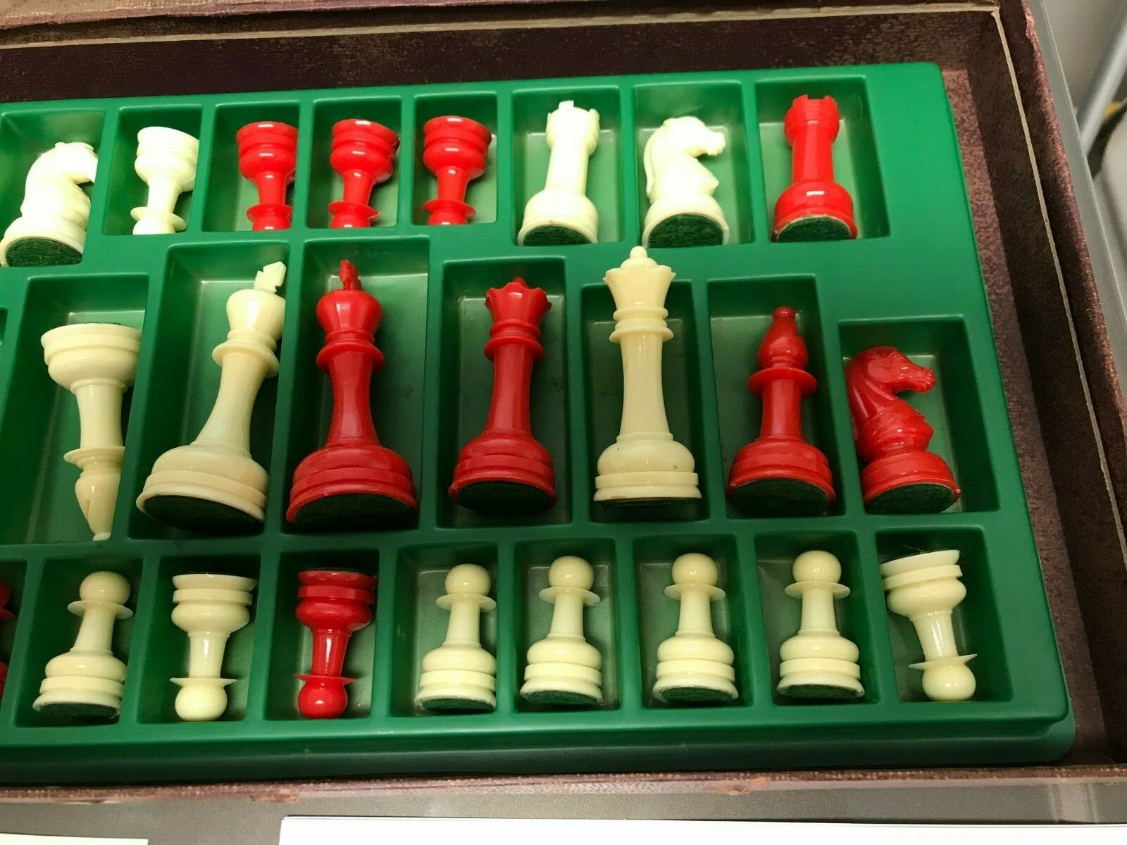 vintage Lowe chess plastic red / white pieces + box but NO BOARD comes with it