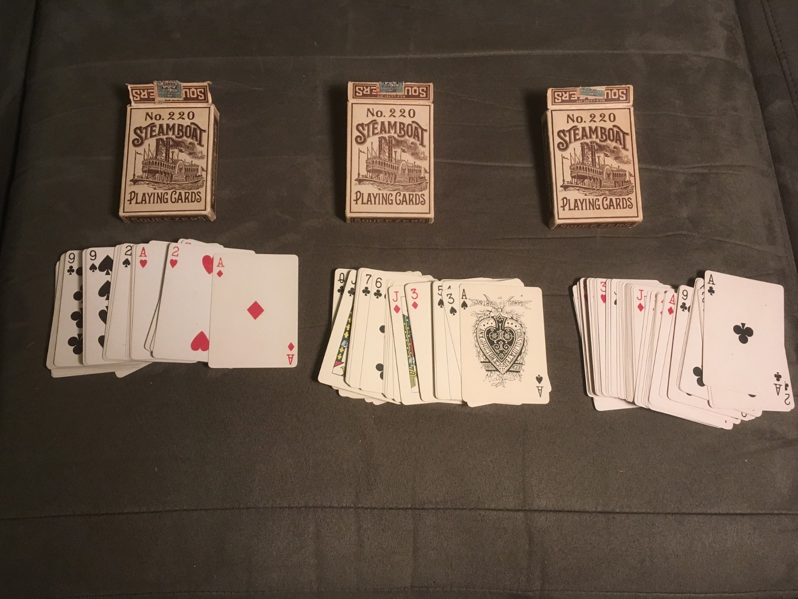 3 Decks NEW YORK CONSOLIDATED CARD CO. No. 220 STEAMBOAT SQUEEZERS PLAYING CARDS