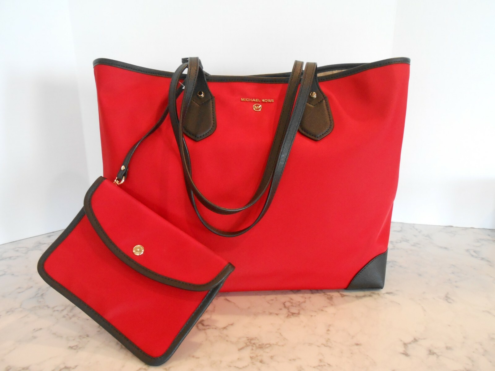 New MICHAEL KORS Eva Large Nylon Tote with Pouch $198 RED/BLACK | eBay