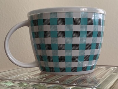 Two Cup Capacity Soup Mug With Lid Used White Blue and Black