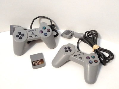 Playstation 1 Original Gray Controllers (x2) SCPH-1080 + Memory Card W1499 PS1