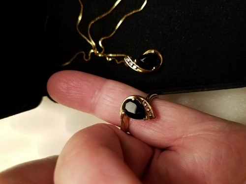 10K black onyx pendant pear-shaped on chain ,earrings & ring  sz 7