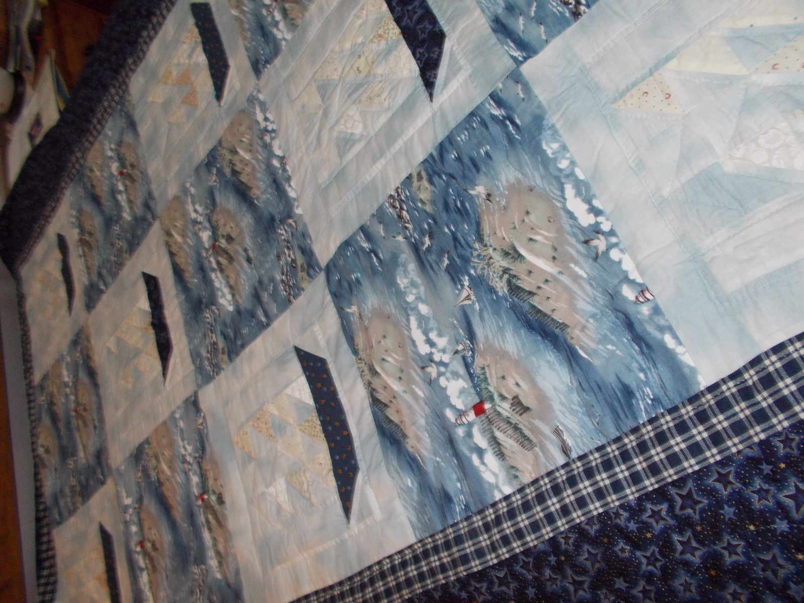 Large Handmade Lancaster Quilt with Seascape/Boat Pictures, Very Nautical
