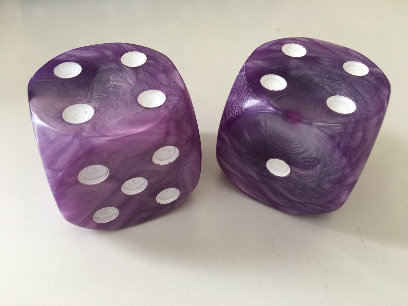 2 36mm Jumbo Large D6 Dice Purple Pearl with White Pips High Quality D & D RPG