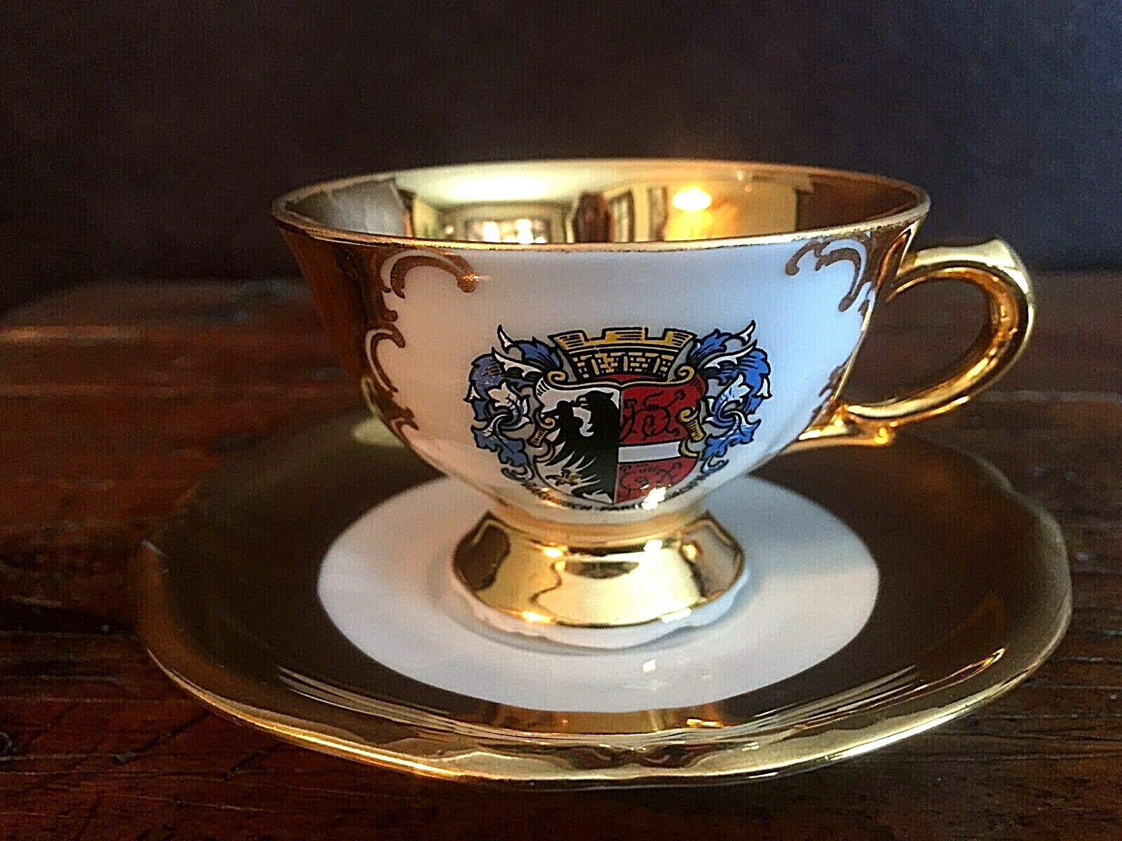 Vintage Muchen Bavaria Gold WhiteCup and Saucer Set Garmisch Partenkirchin Crest