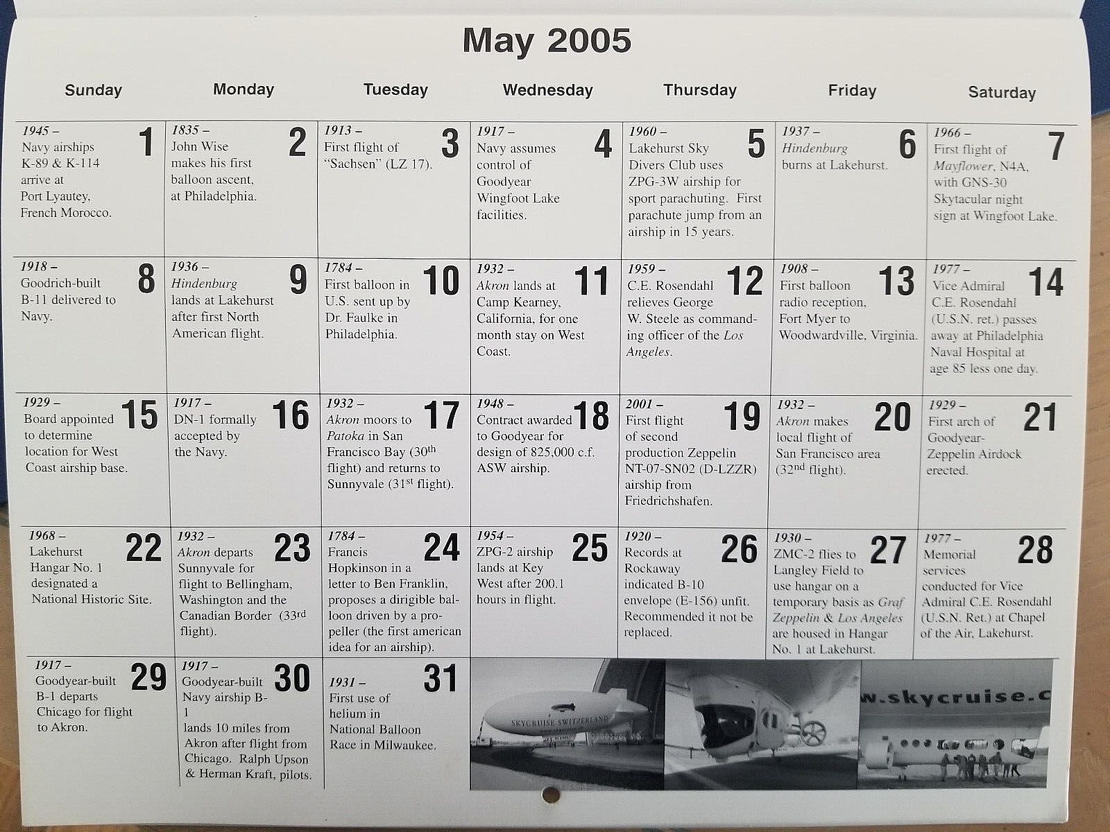 2005 Airship History Calendar, interesting facts on every date in each month