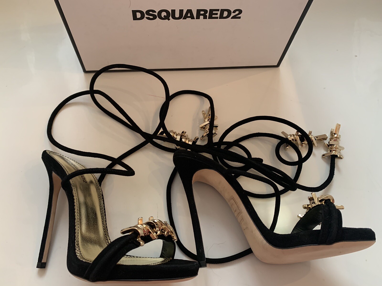 Pre-owned Dsquared2 $1140  6.5/37 Black Babe Barbed Wire Suede Ankle Tie Stiletto Sandals