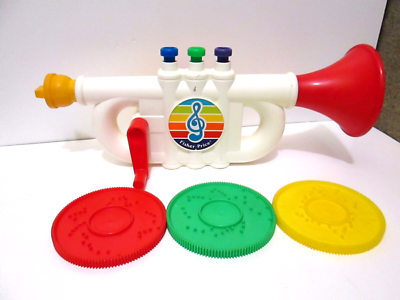 RARE 1989 FISHER PRICE 2228 MUSICAL BABY TRUMPET WITH 3 DISCS WORKS COMPLETE