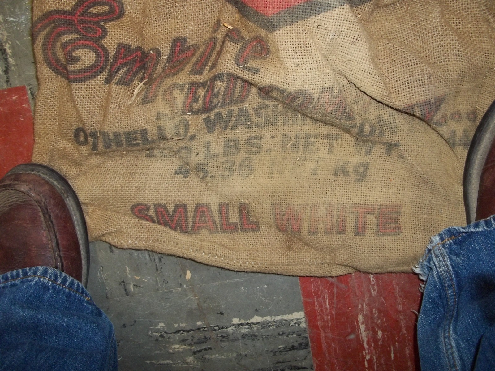 Maine estate Vintage burlap potato Bag Maine Othello Beans Washington Red color