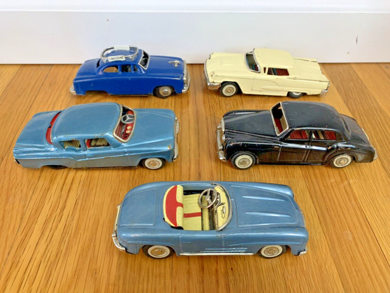Vintage Litho Friction Metal Cars: Benz, Lark, Rolls Royce, Limo 5.5"  LOT of  5
