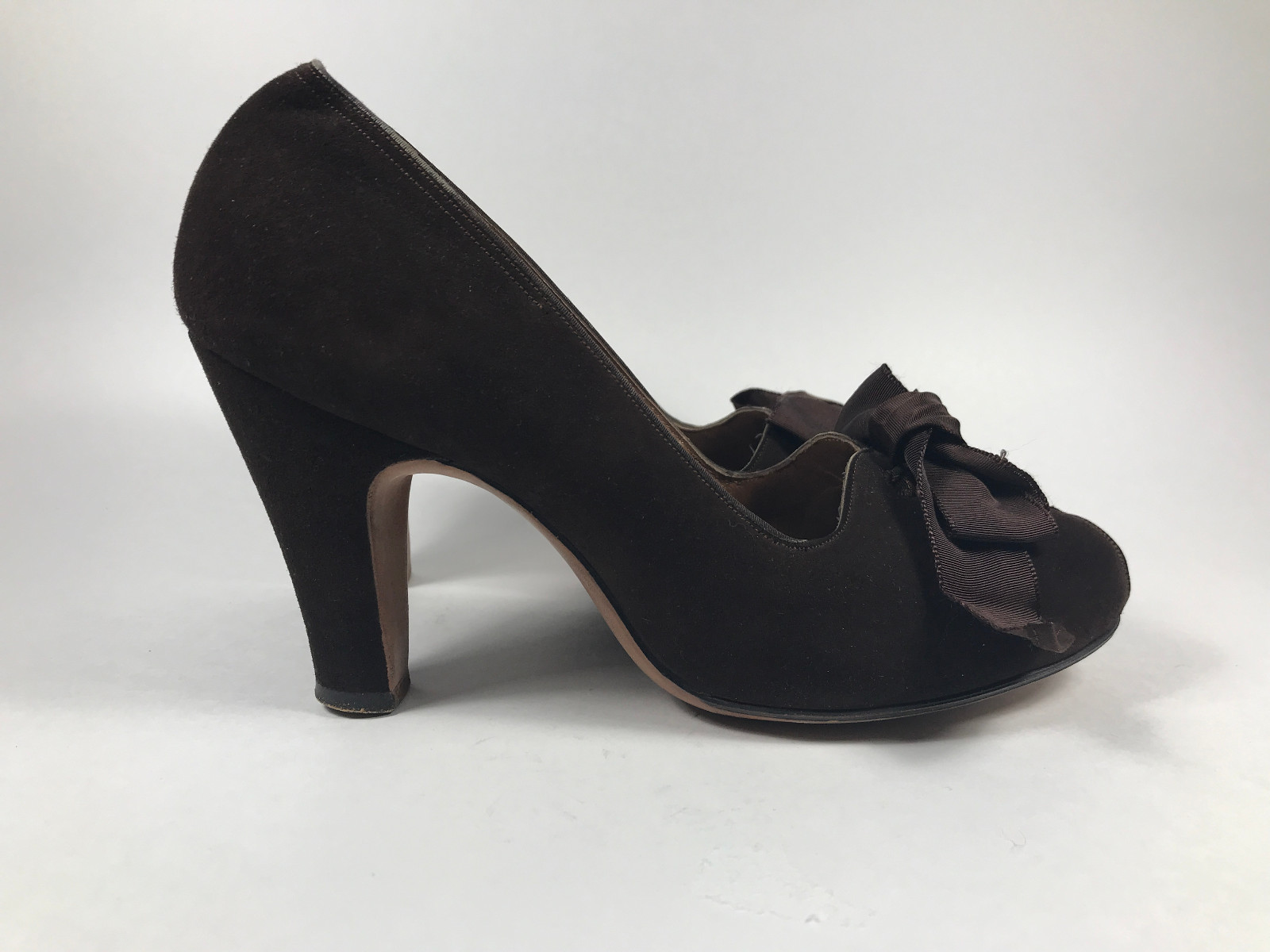 40s Shoes Heels Brown Bow Suede Leather Peep Toe 7
