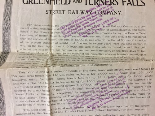 1903 The Greenfield and Turner Falls Street Railway Company Gold Bond Stock Mass